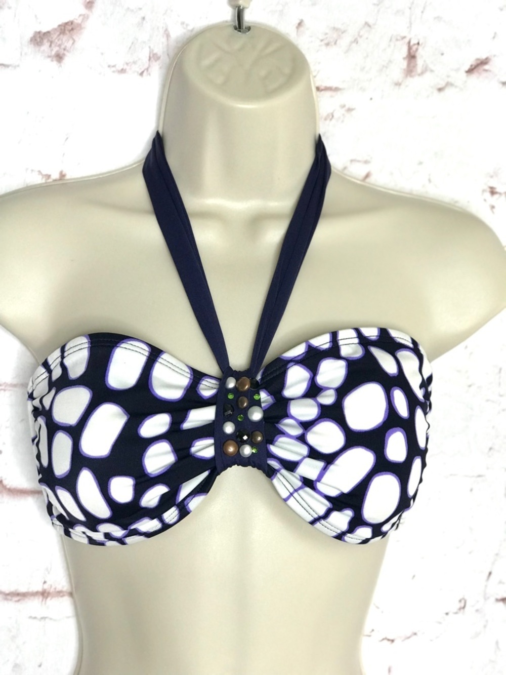 ST. JOHN Pebble Size 6 Bandeau & Halter Tie Embellished Swim Top Navy & White
